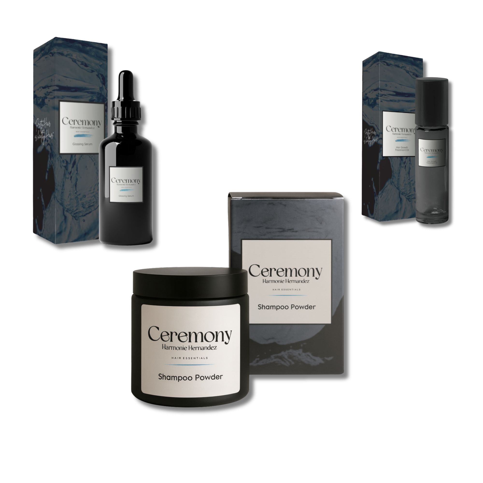The Ceremony Recovery Kit, serum, shampoo powder and hair growth oil