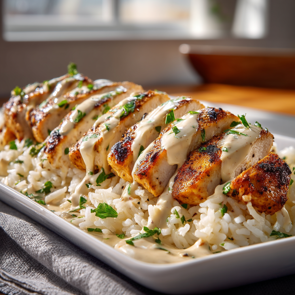 Ingredients for creamy cajun chicken rice laid out on a wooden surface.