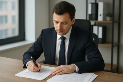 Человек в офисе в костюме подписывает документы