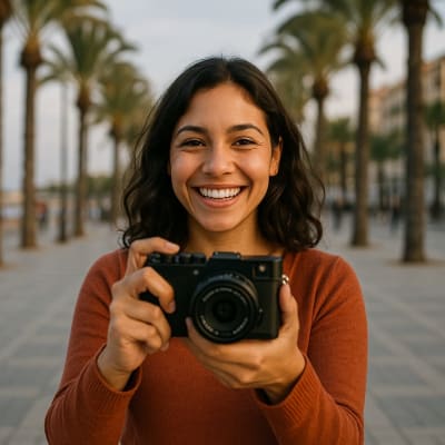 Улыбающаяся девушка испанка, фотографирует нас на улице на променаде