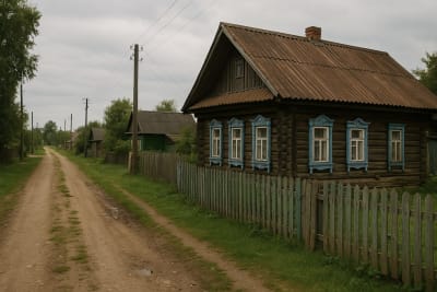 фотореалистичное изображение дома в деревне в России. И улицы этой деревни. Максимально реальное фото