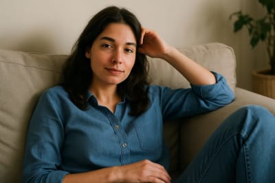 dark haired woman relaxing on a sofa, natural features, blue shirt --ar 3:4