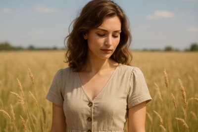 Фотография с мягким освещением, портрет, женщина в поле, полдень, --пропорции 3:4 --стилизация 0