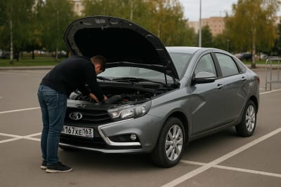 Лада веста - фотография, где авто стоит на парковке и кто-то чинит что-то под копотом