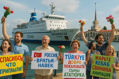 Делаем плакаты смешные на встречу парома Seabreeze из Турции в Сочи из город Трабзон он приезжает
Нарисуй реалистично, что стоят на причале мор порта Сочи и встречают с плакатами яркими
Машут цветами
Тексты плакатов (рисуй их яркими красками):
Спасибо, что приплыли!
Привезли Инстаграм?
Турция Россия - братья навек
Türkiye - добро пожаловать сыны Ататюрка
И еще несколько смешных текстов