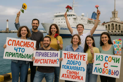 Делаем плакаты смешные на встречу парома Seabreeze из Турции в Сочи из город Трабзон он приезжает
Нарисуй реалистично, что стоят на причале мор порта Сочи и встречают с плакатами яркими
Машут цветами
Тексты плакатов (рисуй их яркими красками):
Спасибо, что приплыли!
Привезли Инстаграм?
Турция Россия - братья навек
Türkiye - добро пожаловать сыны Ататюрка
И еще несколько смешных текстов