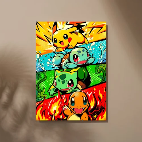 Cuadro de Los Pokémon iniciales de Kanto (Pikachu, Squirtle, Bulbasaur y Charmander)