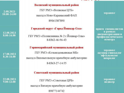 Опубликован график Дней Здоровья в Марий Эл на август 