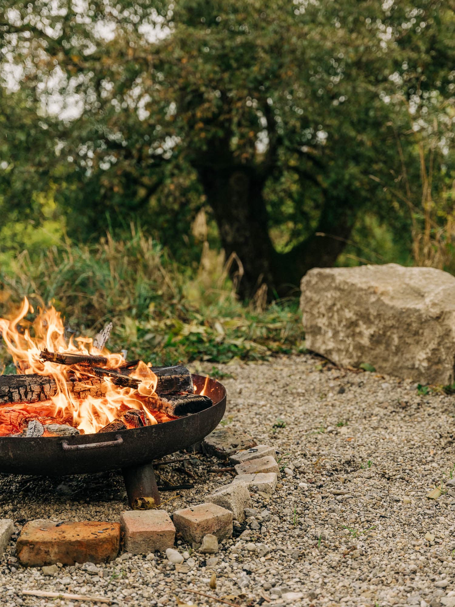 Fire pit with burning wood and flames on a gravel ground outdoors, surrounded by nature and a large rock.
