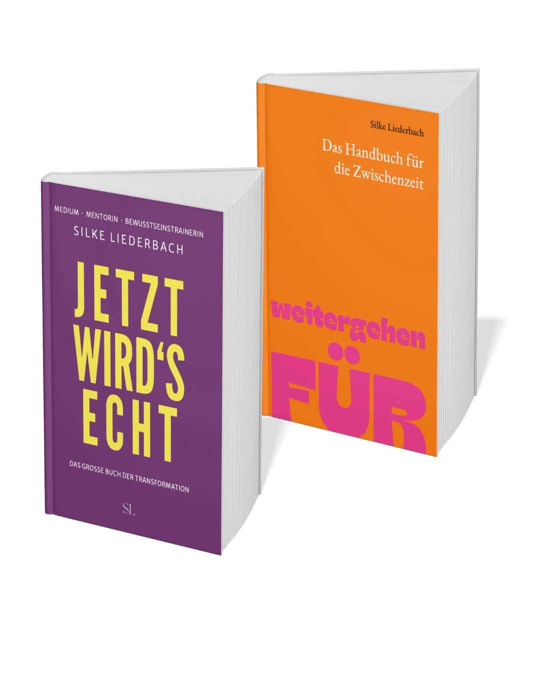 Zwei Bücher von Silke Liederbach, eines mit lila Cover und gelbem Titel "Jetzt wird's echt", das andere mit orangem Cover und weißem Titel "Das Handbuch für die Zwischenzeit".