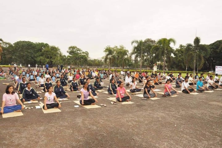 A large outdoor group yoga session