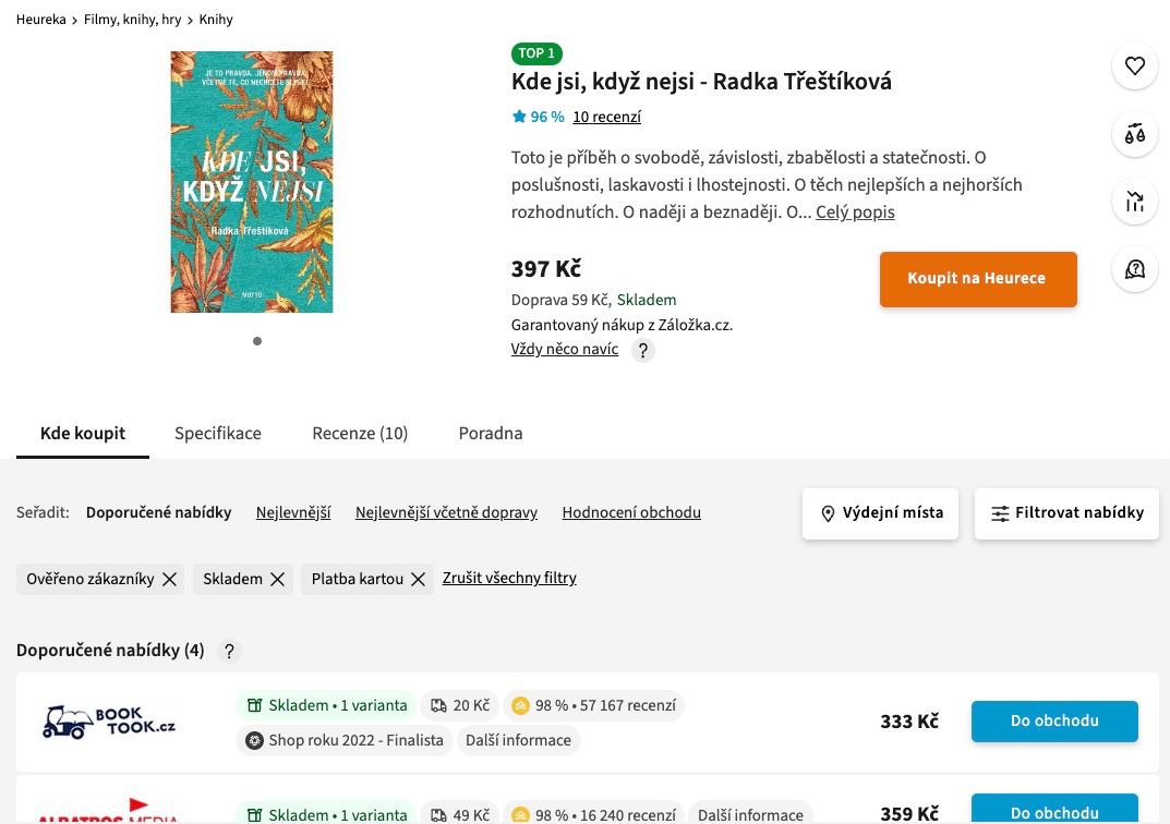 screenshot of price comparison website heureka