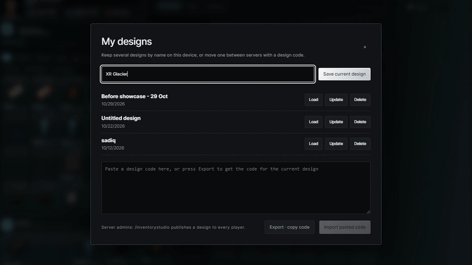 Save, preview, and share inventory designs