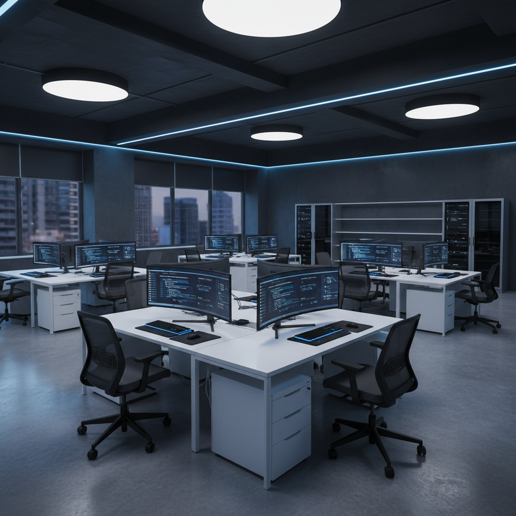 Dark sleek corporate technology office interior with deep blue and black tones, dramatic directional lighting