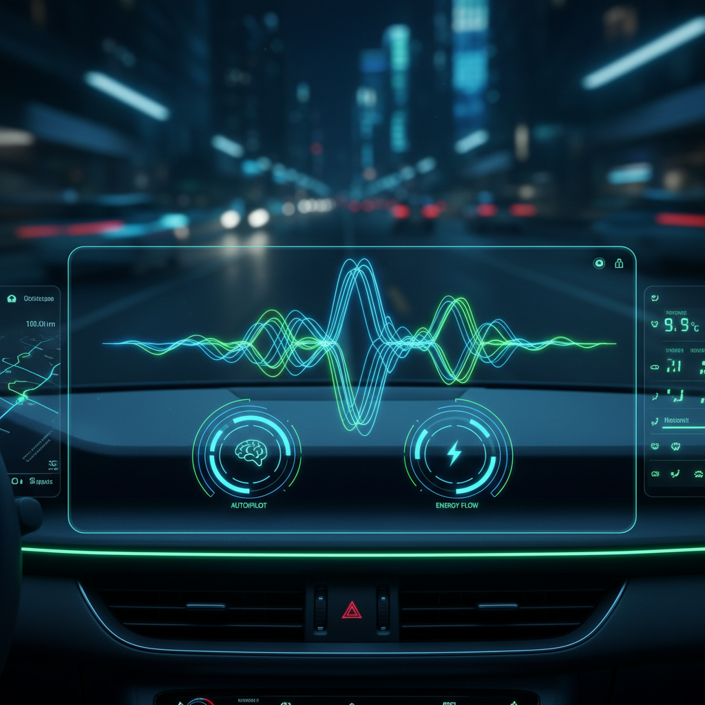 Futuristic dark dashboard interface with neon purple and teal glowing accents, deep shadow backgrounds