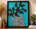Handmade Folk Art Tree & Deer Painting - Framed Wall Art (20 x 16 Inch)
