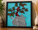 Handmade Folk Art Tree & Deer Painting - Framed Wall Art (20 x 16 Inch)