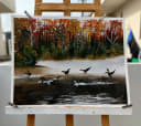 Serene Autumn Lake & Birds Handmade Acrylic Painting - Nature Wall Art (26 x 22 Inch)