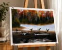 Serene Autumn Lake & Birds Handmade Acrylic Painting - Nature Wall Art (26 x 22 Inch)
