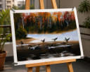 Serene Autumn Lake & Birds Handmade Acrylic Painting - Nature Wall Art (26 x 22 Inch)