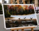 Serene Autumn Lake & Birds Handmade Acrylic Painting - Nature Wall Art (26 x 22 Inch)