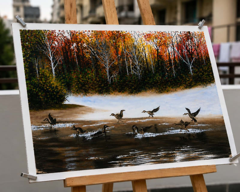 Serene Autumn Lake & Birds Handmade Acrylic Painting - Nature Wall Art (26 x 22 Inch)