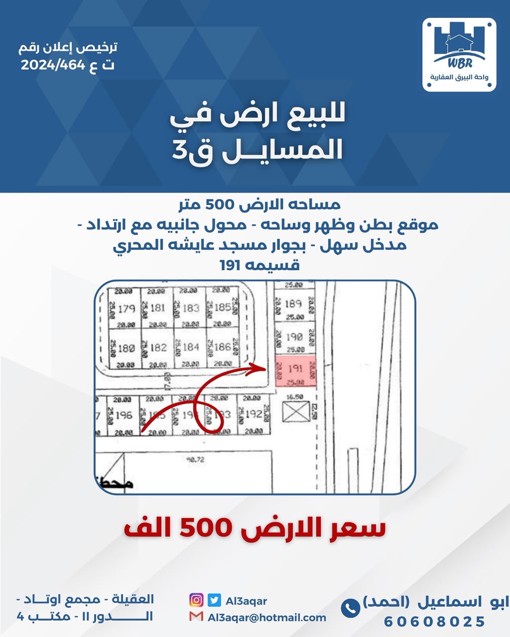 للبيع أرض فى المسايل بطن وظهر وساحه 1