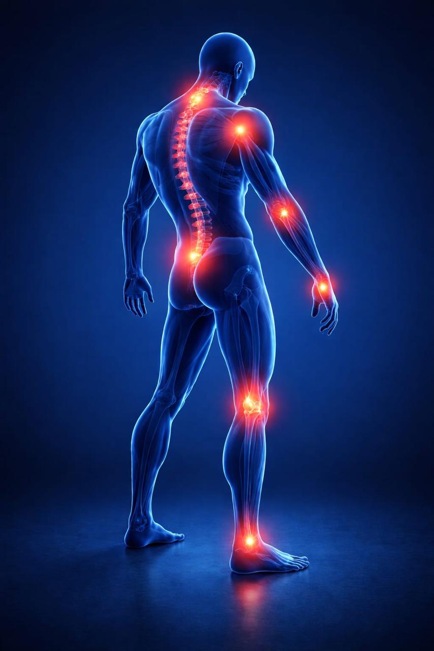 Human back anatomy with highlighted pain joints