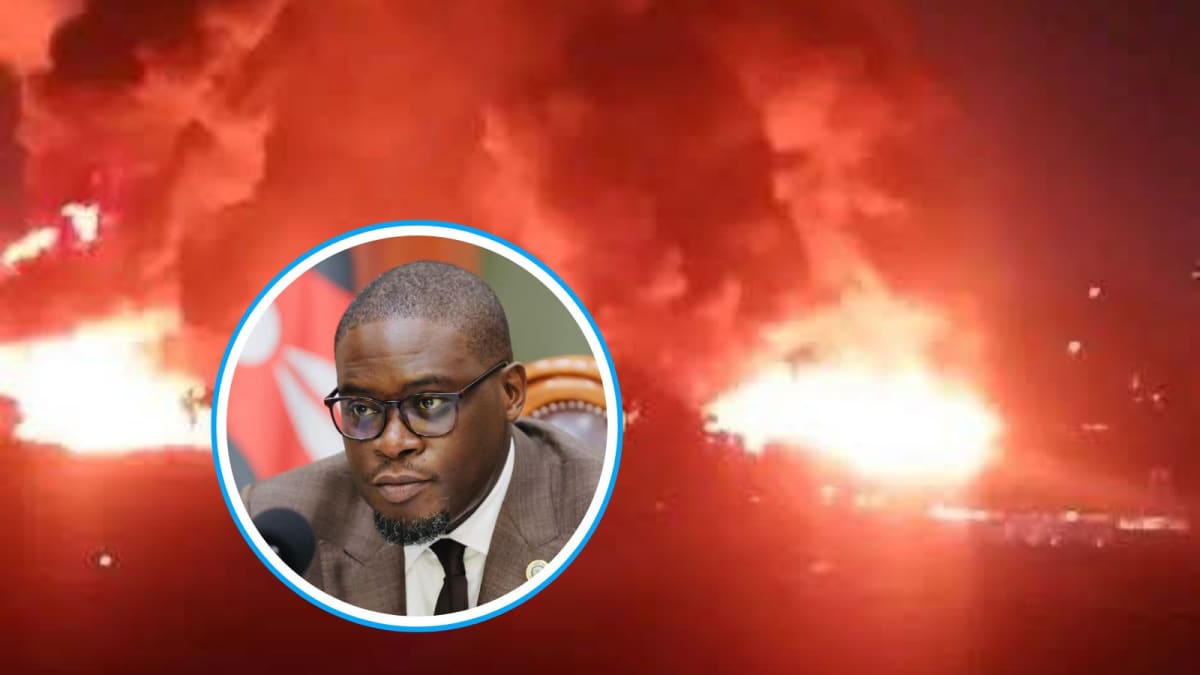Screengrab of the Gikomba fire of June 21, 2026 that razed hundreds of businesses, causing traders to count millions of shillings in losses, with an inset of Nairobi Governor Johnson Sakaja. /VANTAGE KE