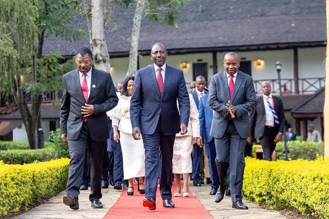 From left: National Assembly Speaker Moses Wetang’ula, President William Ruto and Deputy President Kithure Kindiki while attending the National Prayer Breakfast 2025 at Safari Park Hotel, Nairobi. /PCS