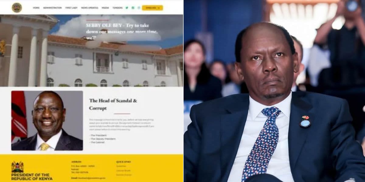 A screengrab of the hacked Office of the President's website and ICT Cabinet Secretary William Kabogo at a past event. /STATE HOUSE.WILLIAM KABOGO