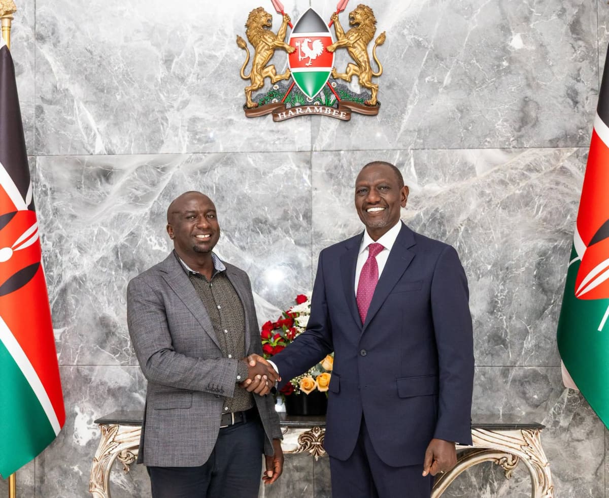 President William Ruto shakes hands with Samuel Muchina Nyagah days after losing the Ol Kalou by-election. /SAMUEL MUCHINA NYAGA