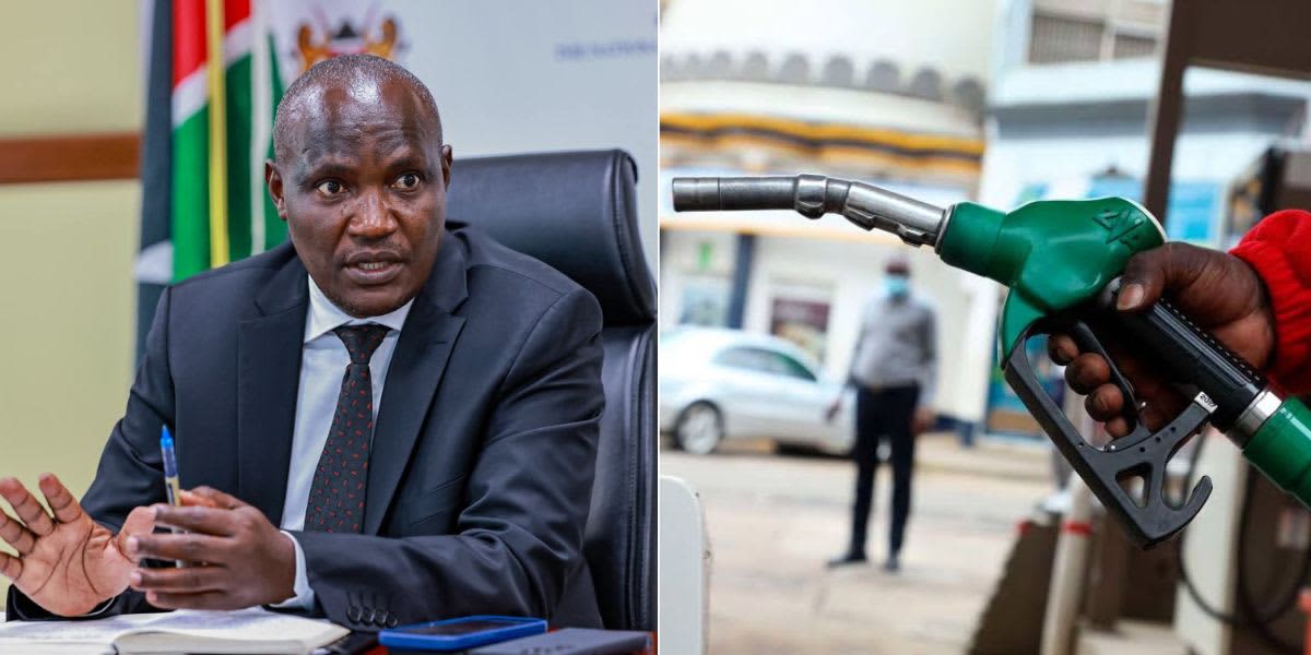 Photo collage of CS John Mbadi and a fuel attendant fuelling a car at a petrol station. /JOHN MBADI.NATION MEDIA GROUP