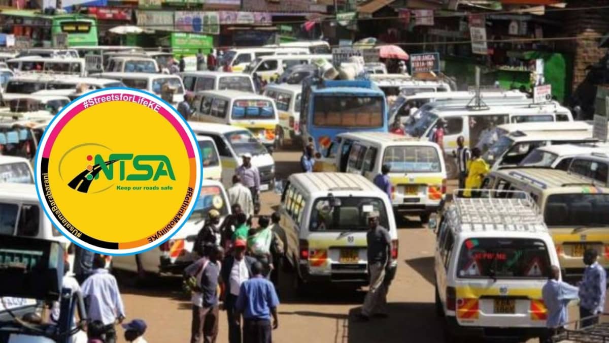 A photo of matatus at a stage in Nairobi and an insert of NTSA's logo. /NTSA.BUSINESS TODAY