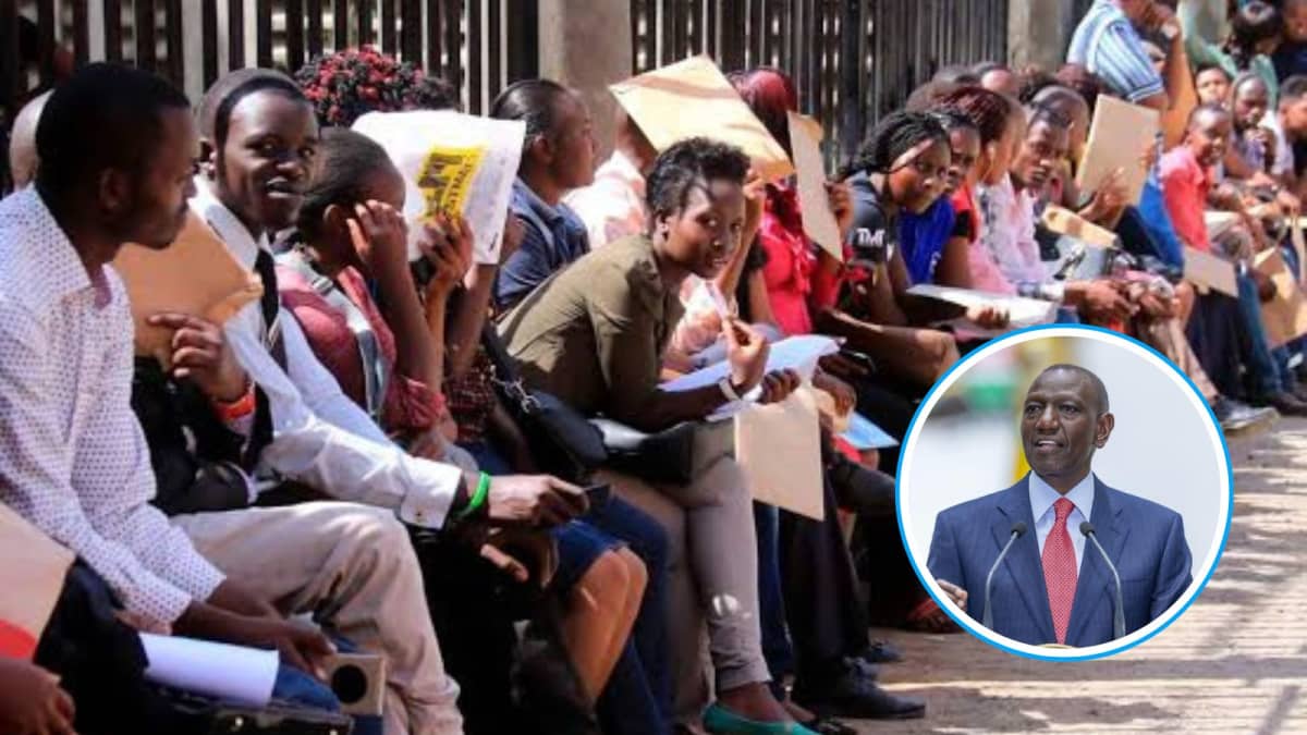 Jobseekers queue to hand in their applications at County hall on May 26, 2017 and an insert of President William Ruto during a past address at State House, Nairobi. /BUSINESS DAILY.PCS
