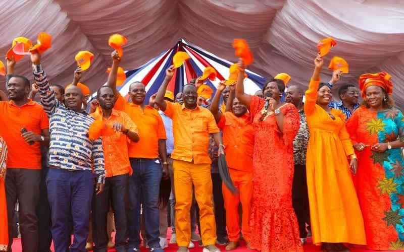 The late former Prime Minister Raila Odinga with other ODM party leaders during a celebration to mark the opposition party's 20 years in existence. /STANDARD DIGITAL