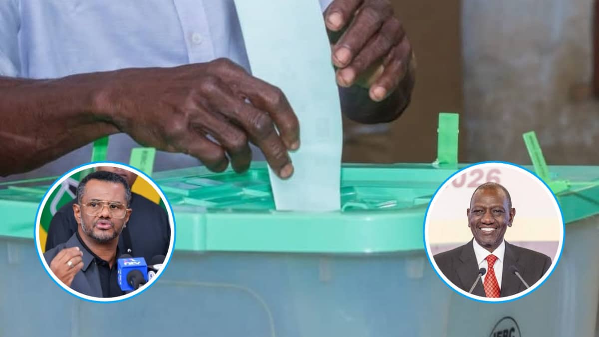Inserts of Hassan Omar and President William Ruto and a Kenyan casting his vote in a past election. /VANTAGE KE