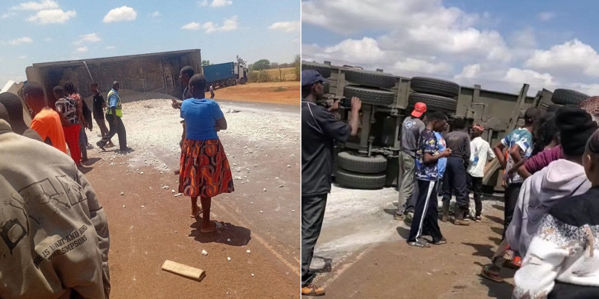 Accident scene where a truck overturned onto a car at Kiboko along the Mombasa-Nairobi Highway. /NDANU BEATRICE