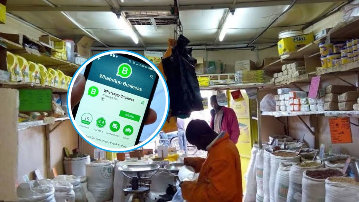 An image of a business in Kenya with an insert of WhatsApp Business. /VANTAGE KE