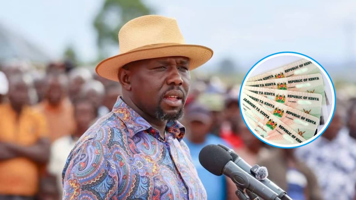 Interior CS Kipchumba Murkomen speaking during the launch of the Saboti Sub-County DCC Office on October 1, 2026 and an insert of Kenyan ID cards. /KIPCHUMBA MURKOMEN