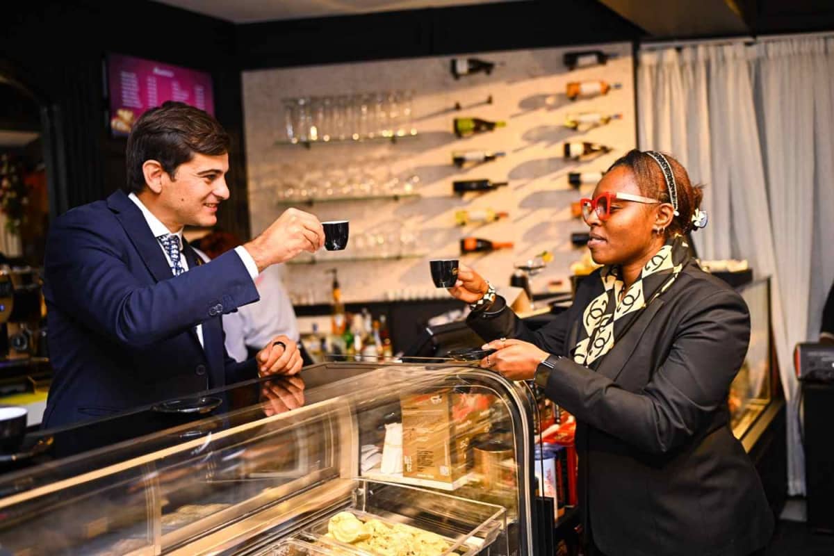(l-r) Elio Barbera, Managing Director of Café Barbera, enjoys an espresso with Jane Wangechi, Head of Marketing and Business Development, Canaan Developers during the official launch of Café Barbera’s first store in Kenya at Altura Apartments, Upper Hill, Nairobi, on World Coffee Day, October 1, 2026. /PHOTO