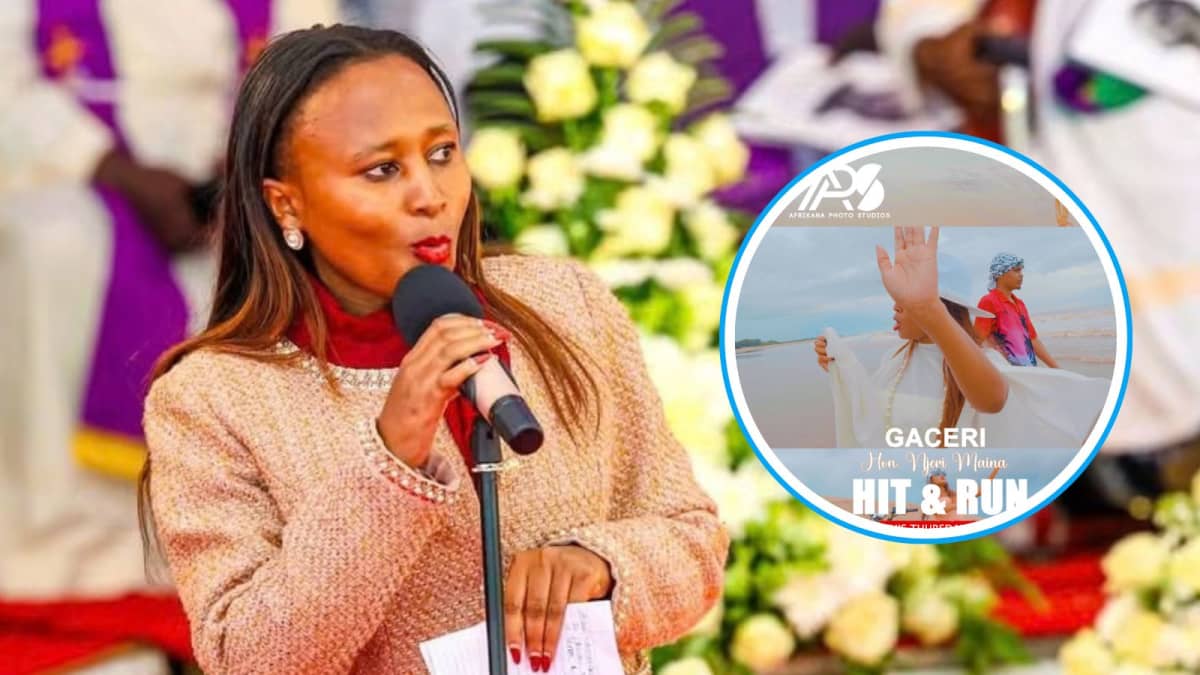 Kirinyaga Woman Representative Njeri Maina speaking at a past event and an insert of a snippet of her music video 'Hit and Run'. /NJERI MAINA