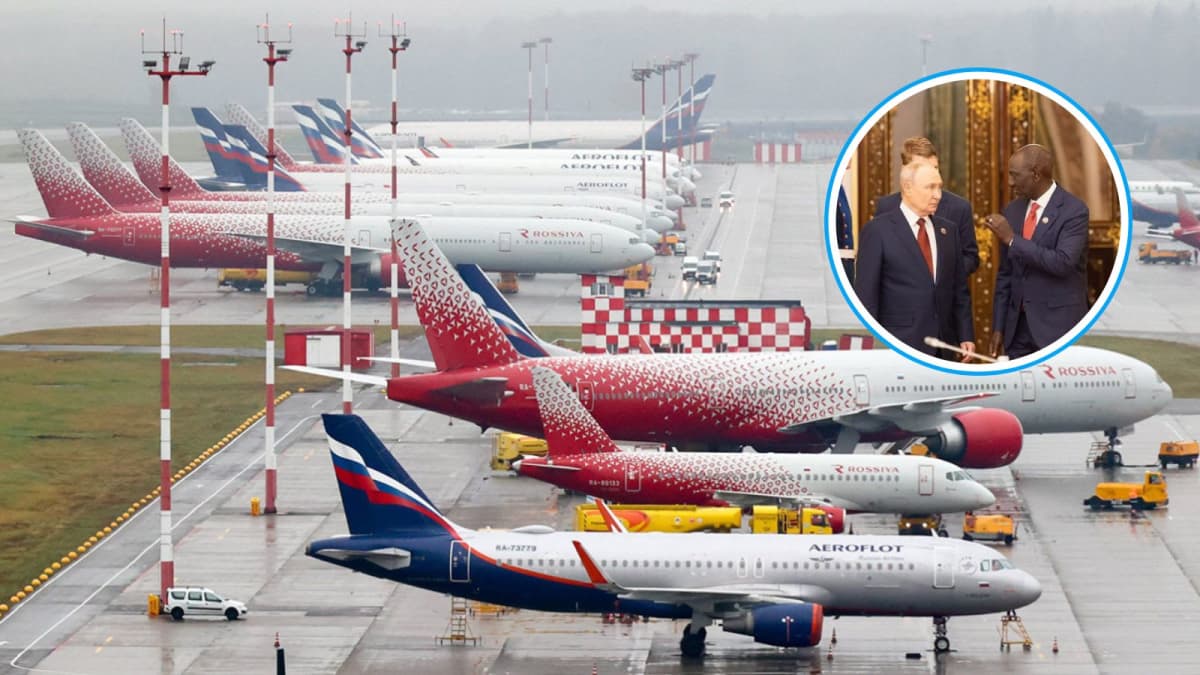 Planes grounded at a Russian airport and an insert of President Vladimir Putin with President William Ruto on October 30, 2026. /THE MOSCOW TIMES.PCS