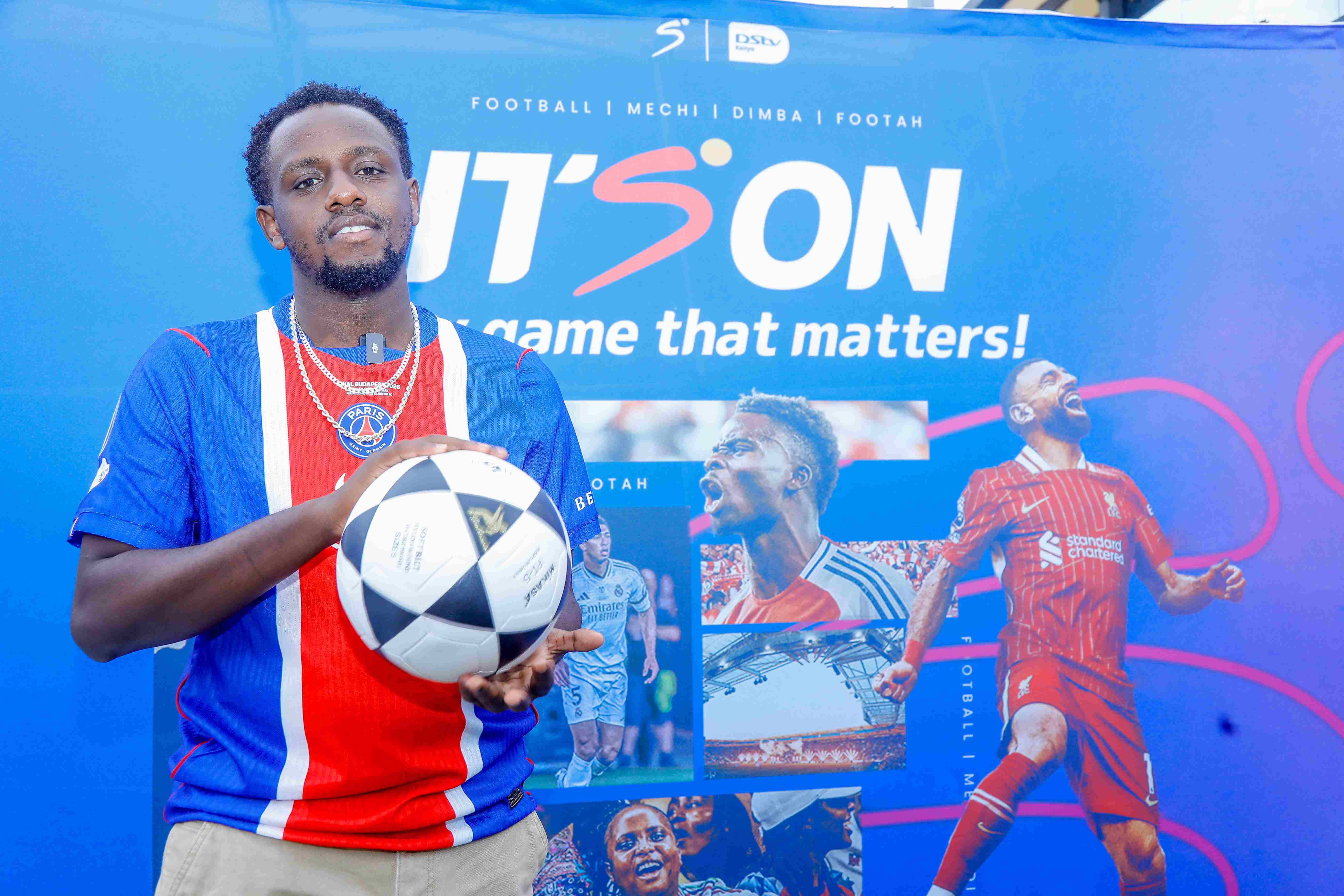 Tony Mwirigi aka Comedian Mwirigi, pictured ahead of the UEFA Champions League Final Watch Party hosted by DStv Kenya at Bar Next Door, Nairobi.