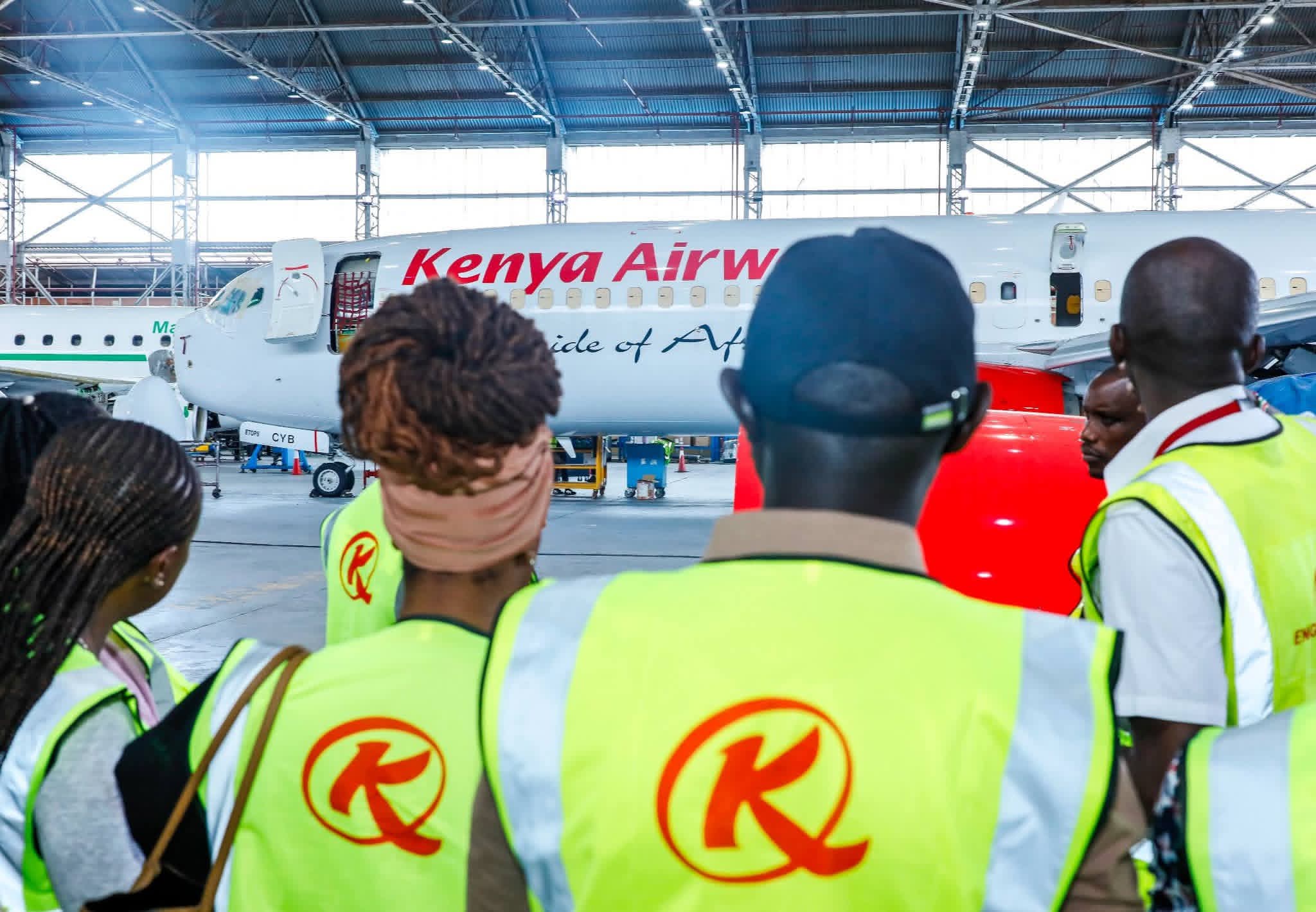 Journalists and content creators being taken through a tour of one of Kenya Airways' hangars at Jomo Kenyatta International Airport (JKIA) in Nairobi on May 26, 2026. /KENYA AIRWAYS
