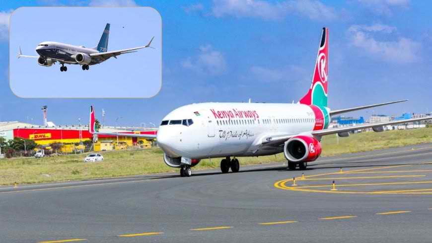 Photo of a Kenya Airways plane taxiing at Jomo Kenyatta International Airport (JKIA) in Nairobi and a Boeing 737 MAX plane in flight (inset). /FILE