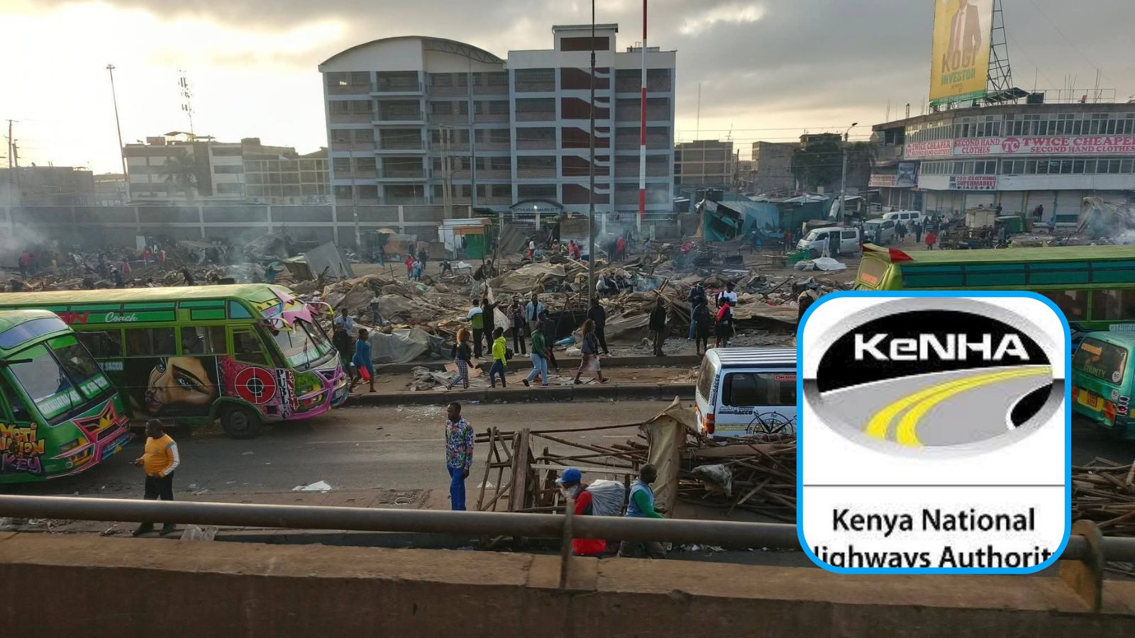 An image showing the aftermath of demolitions of structures along the busy Thika Highway in Githurai by KeNHA. /VANTAGE KE