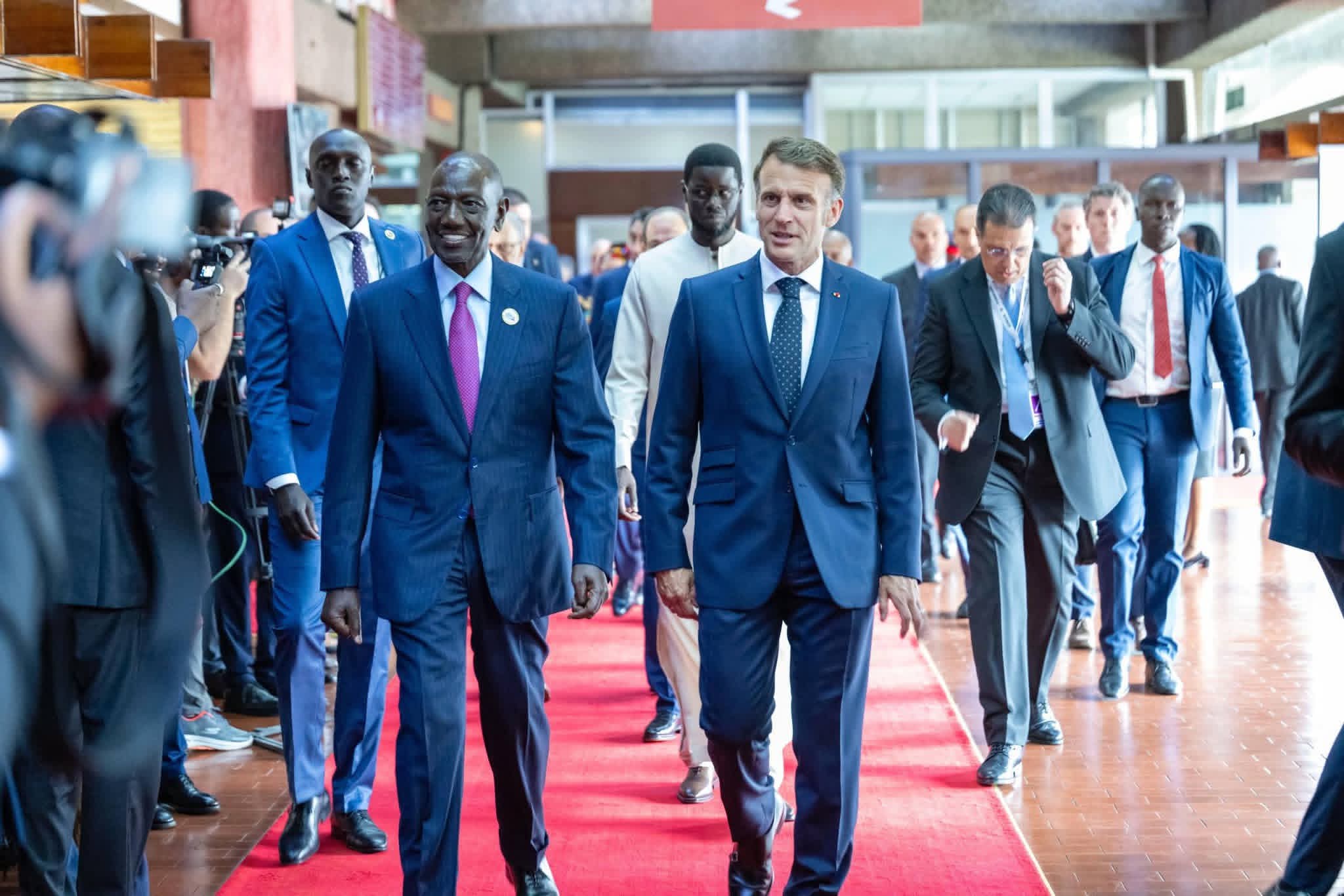 President William Ruto with his France counterpart Emmanuel Macron at the Africa Forward Summit on May 12, 2026 at KICC, Nairobi. /PCS