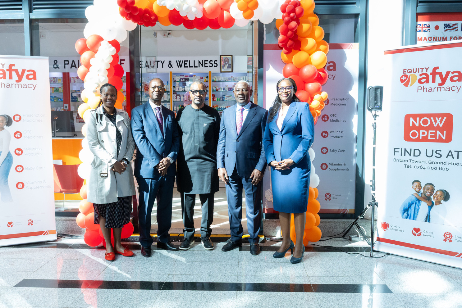 From left to right: Dr. Wangari Ng’ang’a (Senior Program Officer, Primary Health Care, Gates Foundation), Prof. Isaac Macharia (Equity Group Holdings Chairman), Paulin Basinga (Gates Foundation Regional Director for Africa), Dr. James Mwangi (Equity Group Foundation Executive Chairman) and Dr. Joanne Korir (Equity Group Foundation Director, Operations) pose for a photo at the official launch of the Equity Afya Community Pharmacy at Britam Towers, Nairobi.
