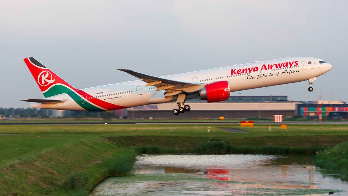 Photo of a Kenya Airways Boeing 777-300ER passenger aircraft taking off from an airport. /JETPHOTOS.NET